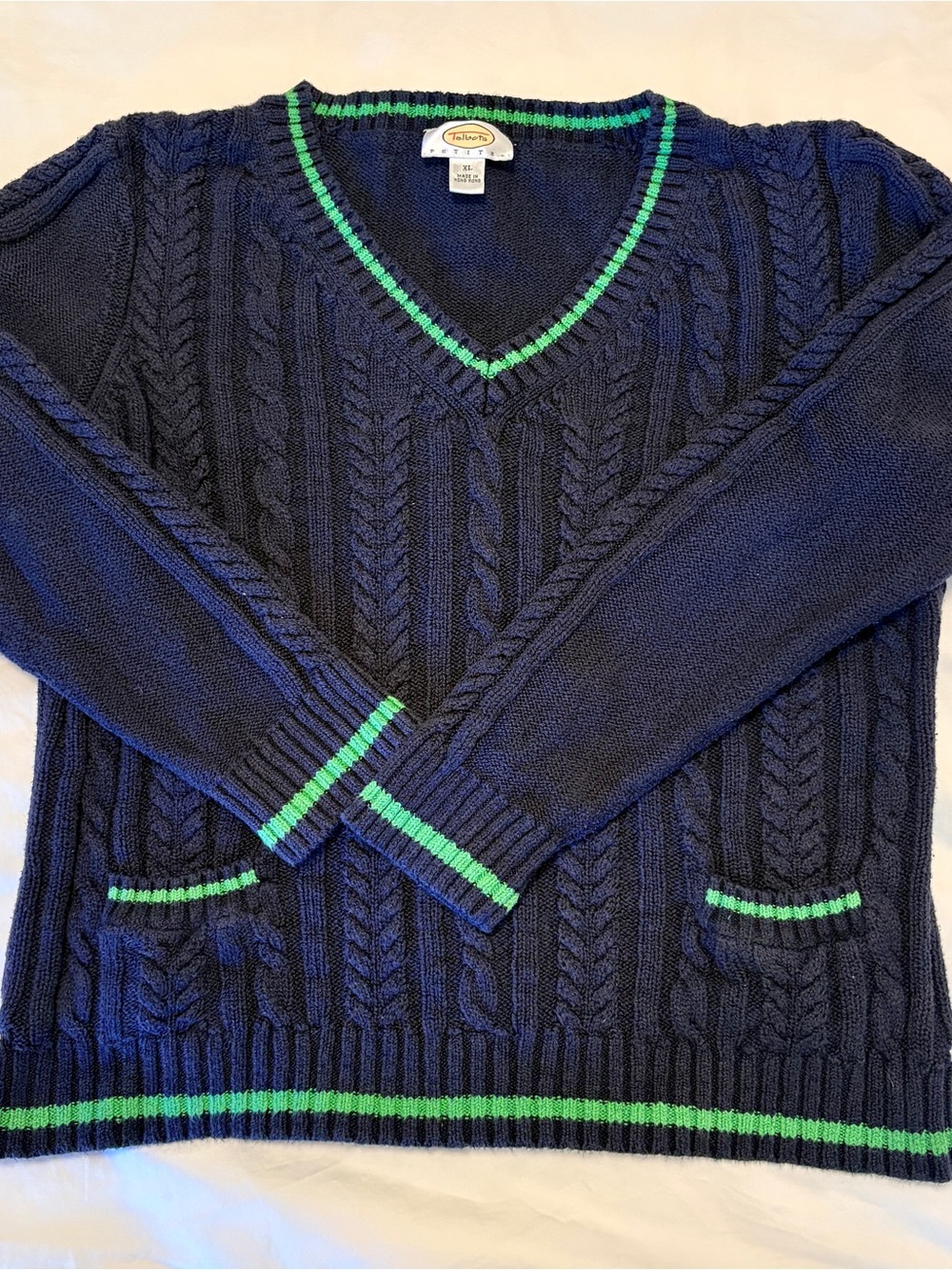 Talbots XLP (fits LP) Navy Cable-Knit V-Neck Sweater with Green Trim. 20” bust.